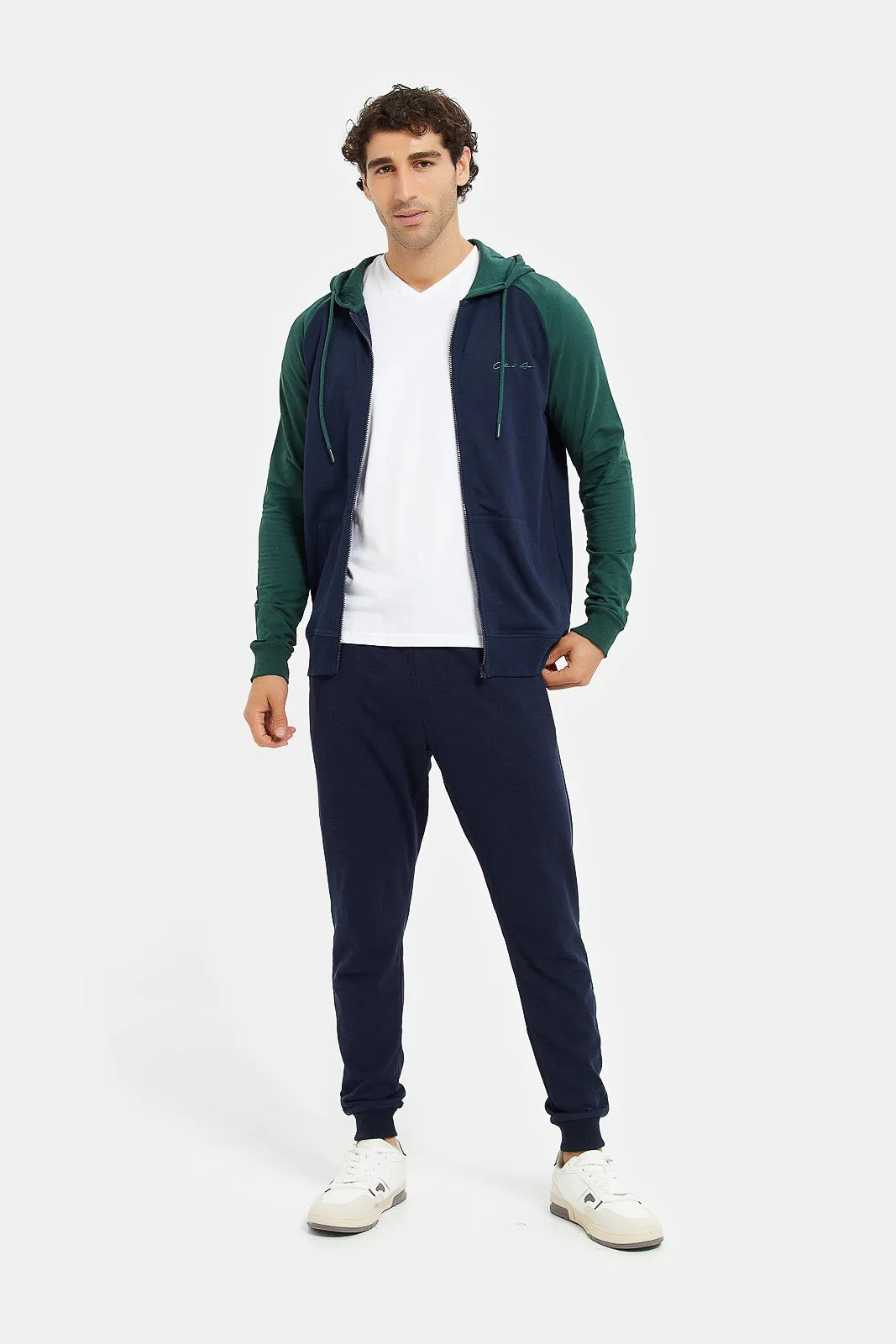 Men Navy And Green Raglan Hooded Sweatshirt