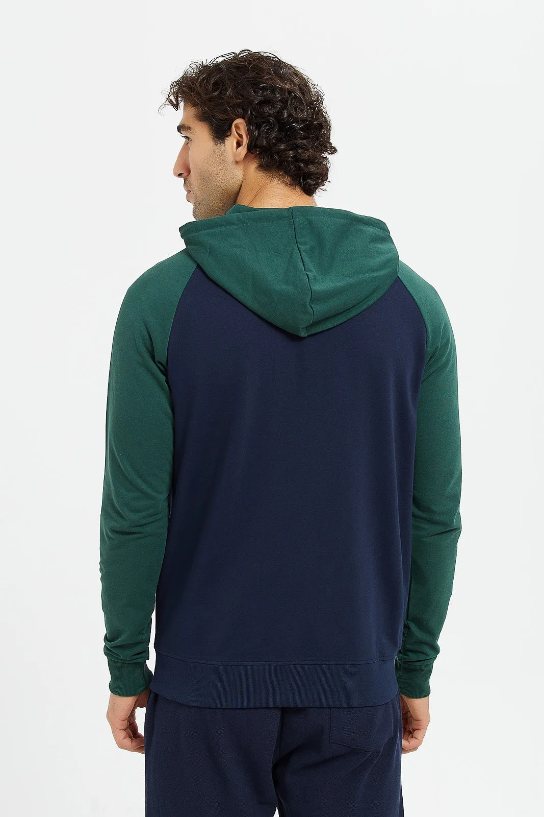 Men Navy And Green Raglan Hooded Sweatshirt