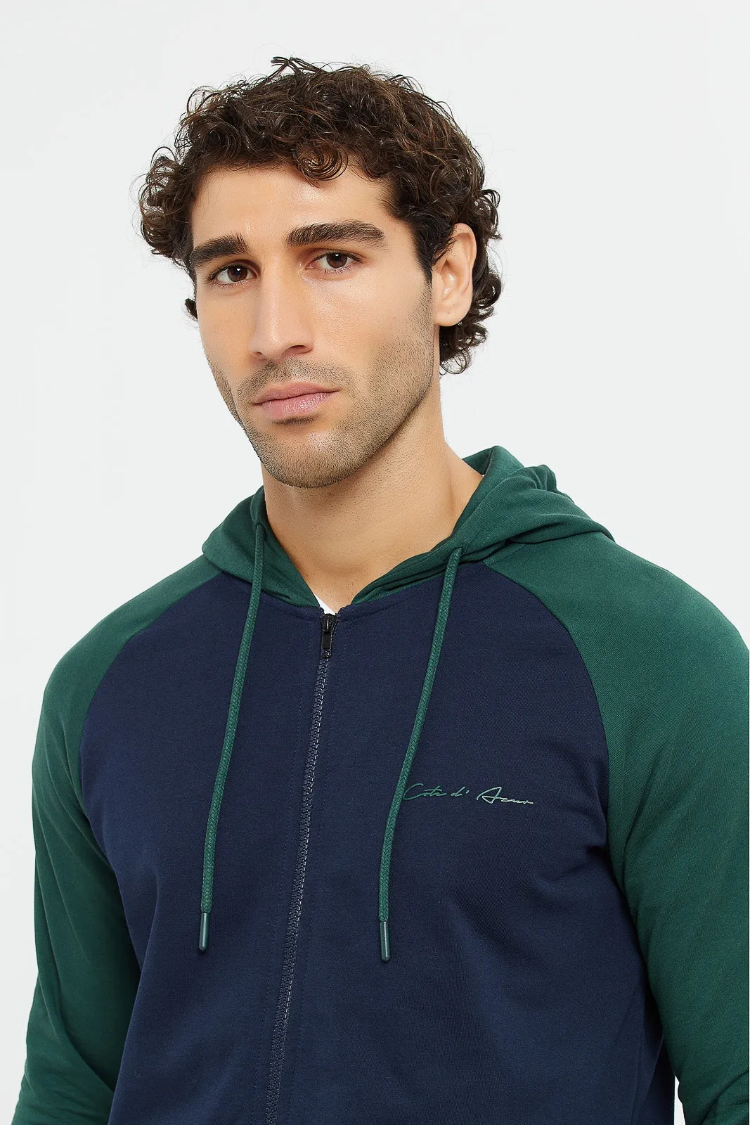 Men Navy And Green Raglan Hooded Sweatshirt