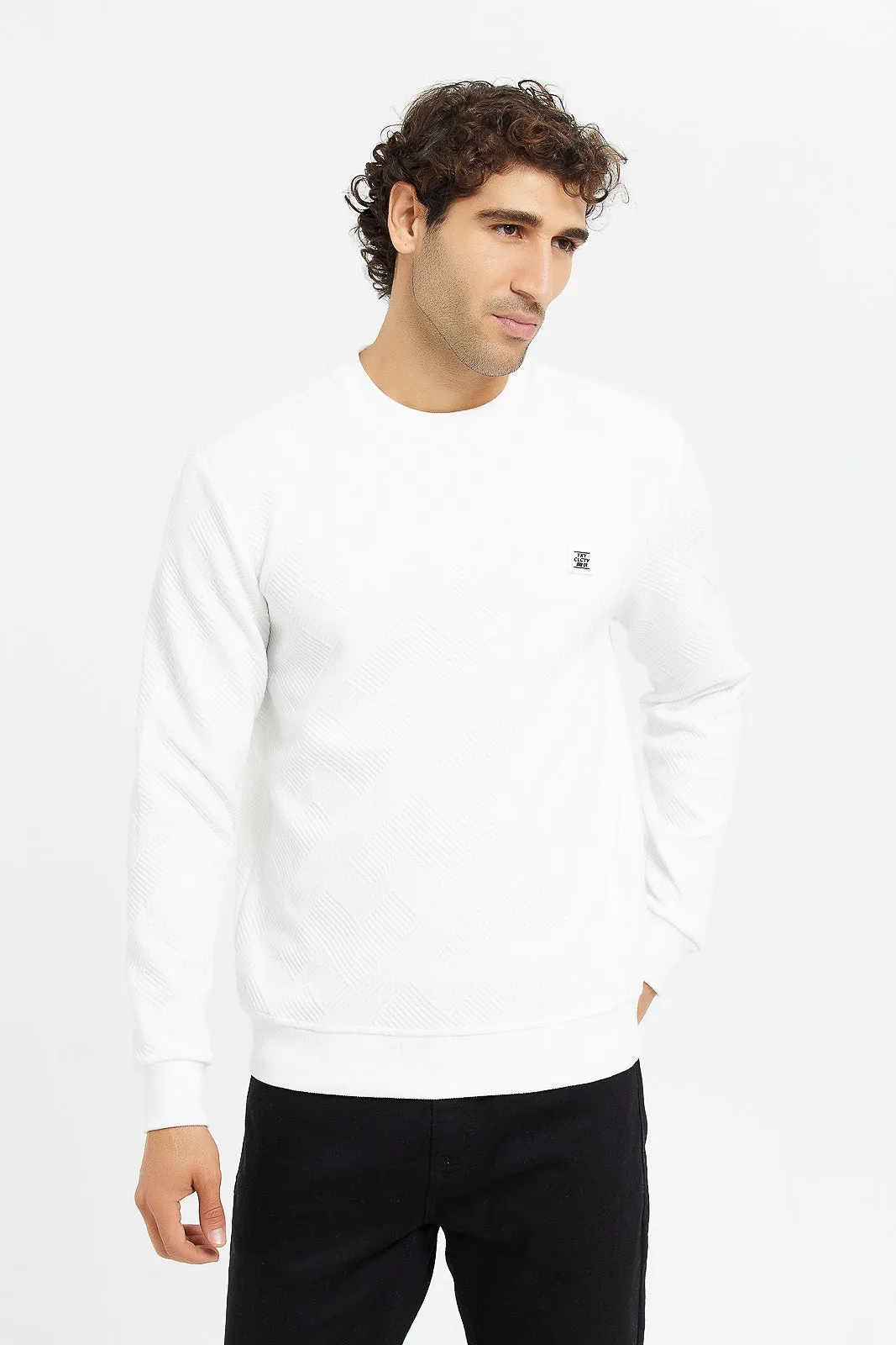 Men White Jacquard Sweatshirt