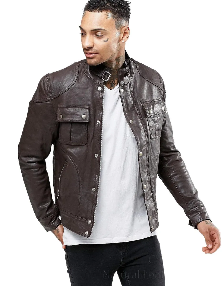 Men's Buckled Collar Leather Jacket MJ049