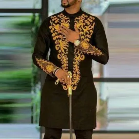 Men's Dashiki African Tops Luxury Golden Printed African Black Long Sleeve Rich Long Shirts for Dashiki Stand Collar