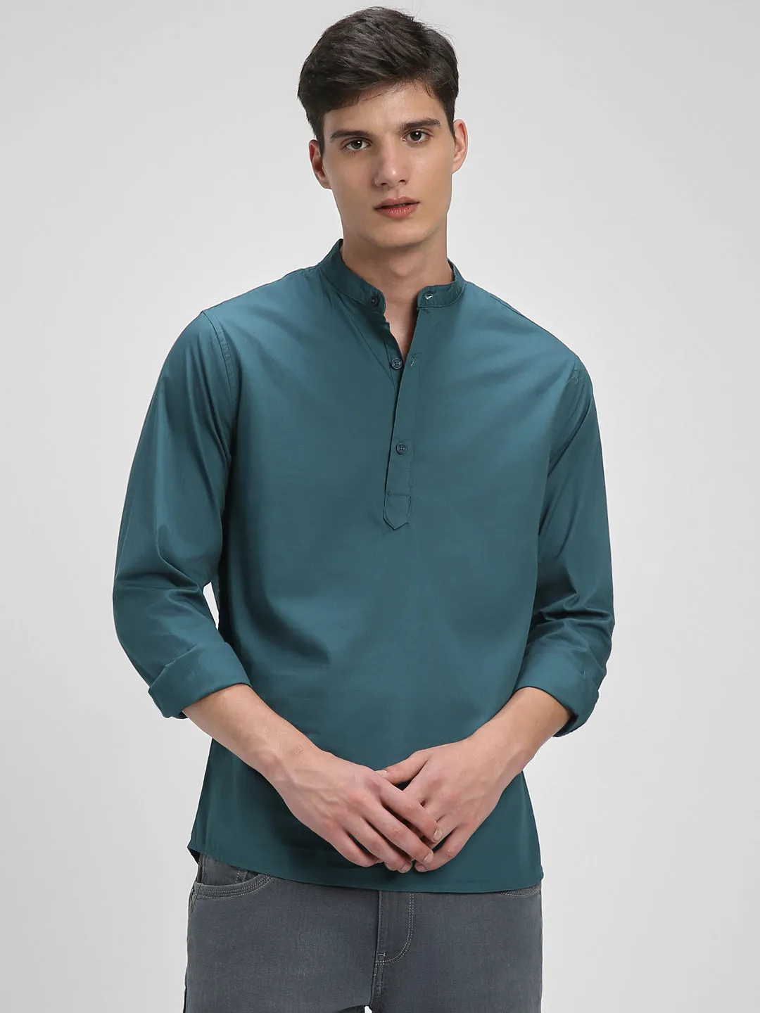 Men's Pop Over Mandarin Collar Slim Fit Solid Teal Casual Shirts