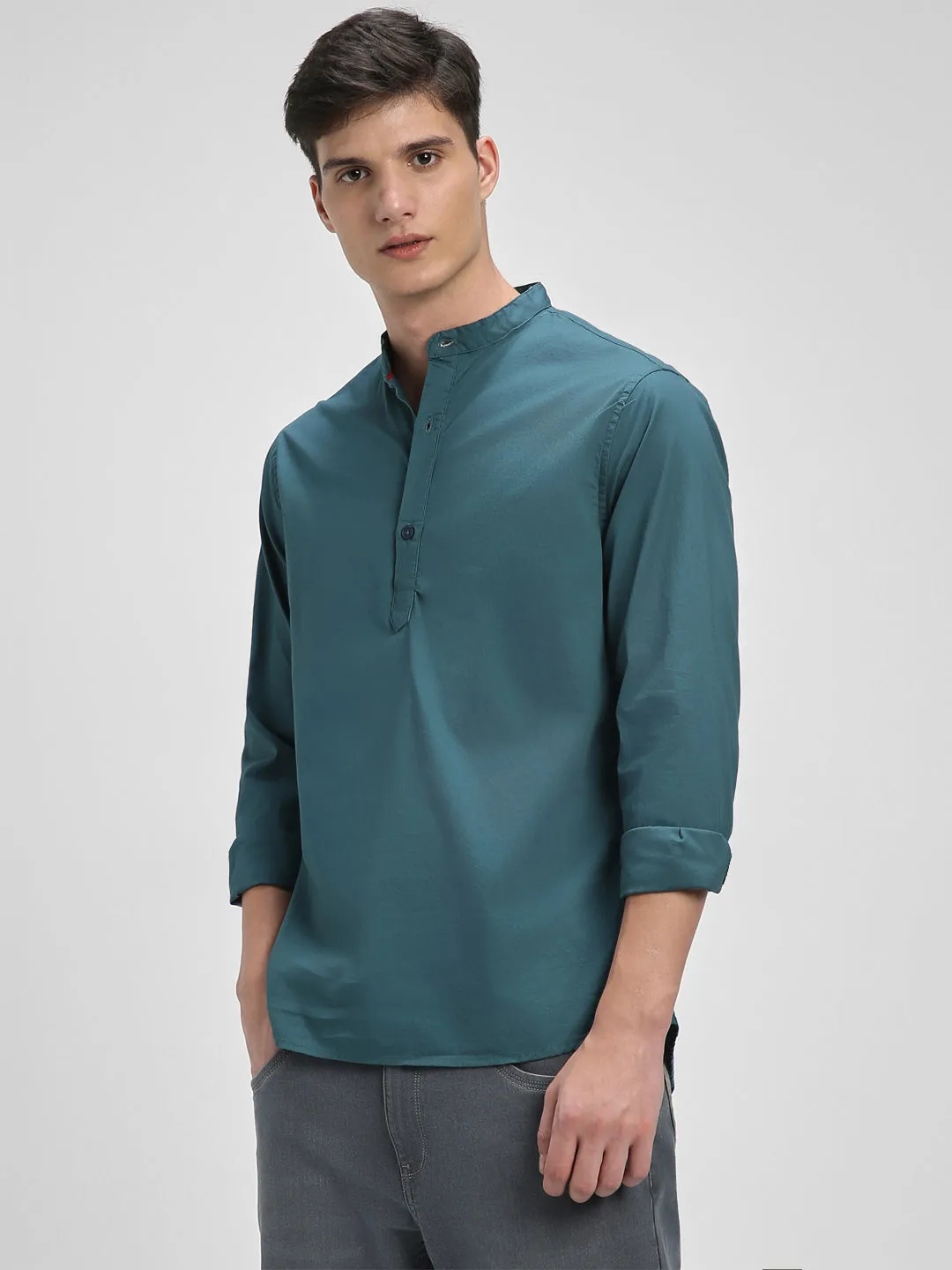 Men's Pop Over Mandarin Collar Slim Fit Solid Teal Casual Shirts