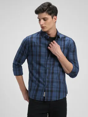 Men's Regular Collar Slim Fit Tartan Checks Blue Casual Shirts