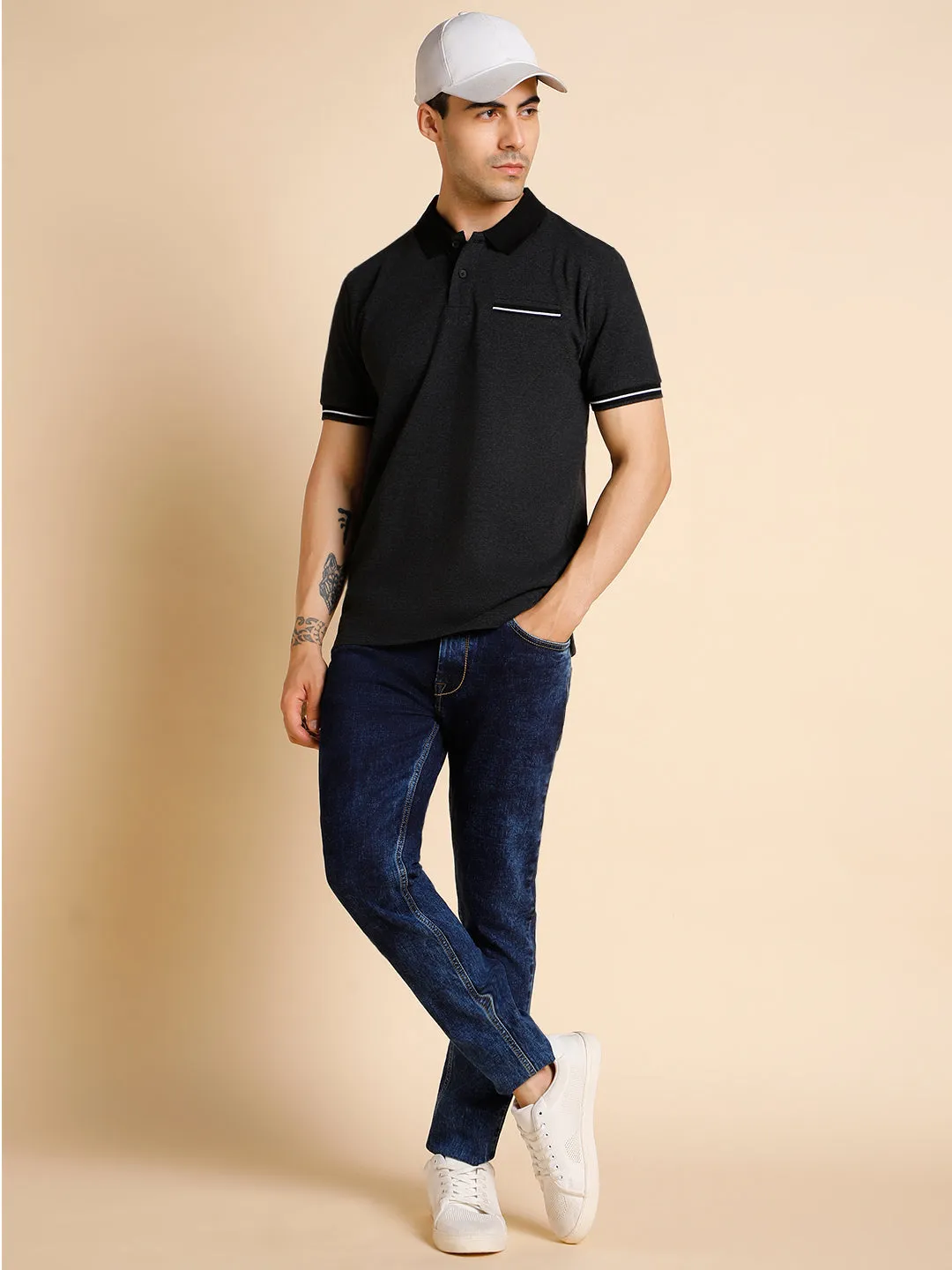 Men's Slim Fit Solid Black Polo T-Shirt