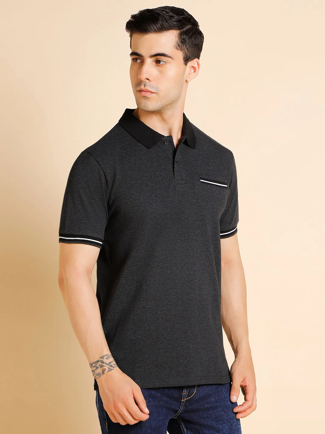 Men's Slim Fit Solid Black Polo T-Shirt