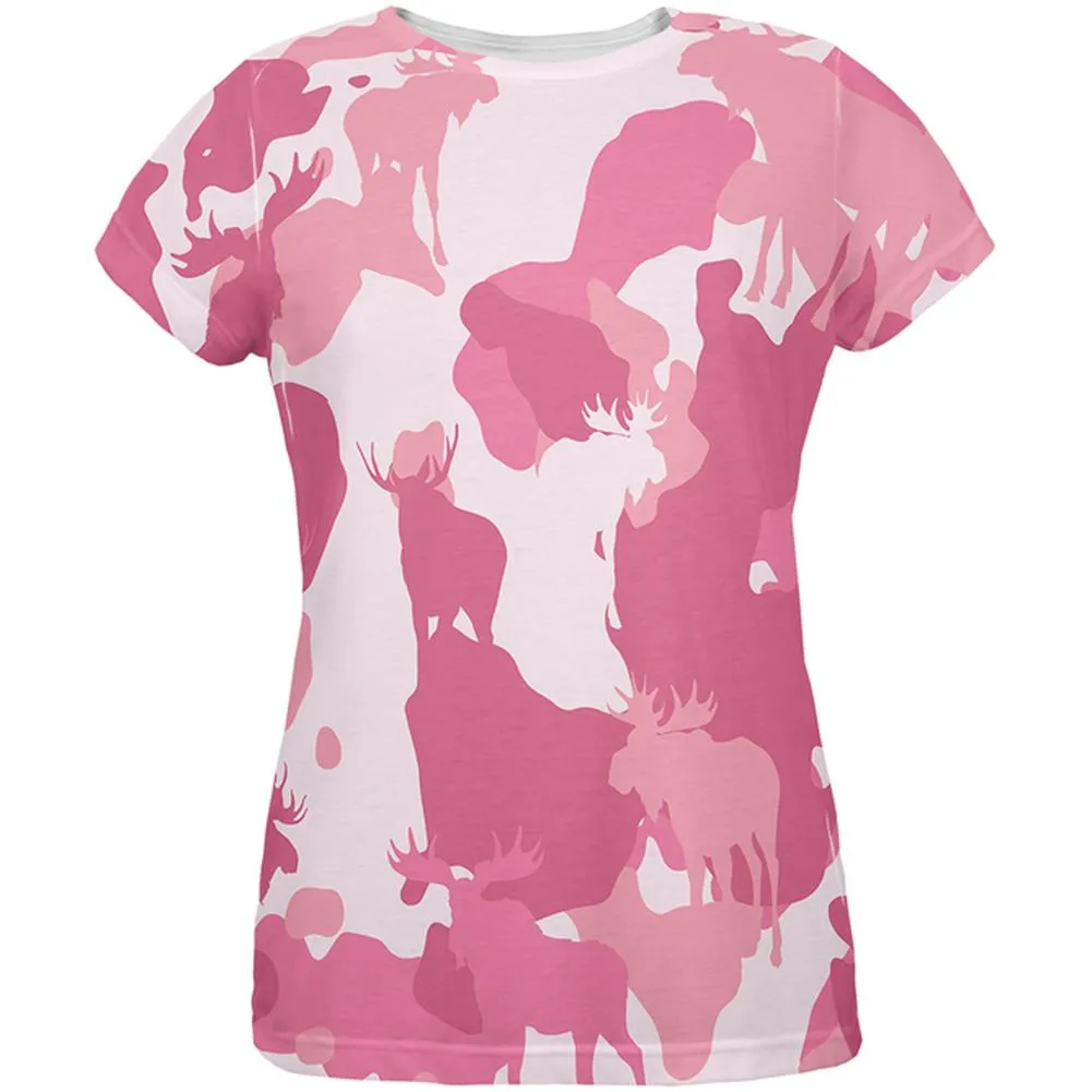 Moose Pink Camo All Over Womens T-Shirt