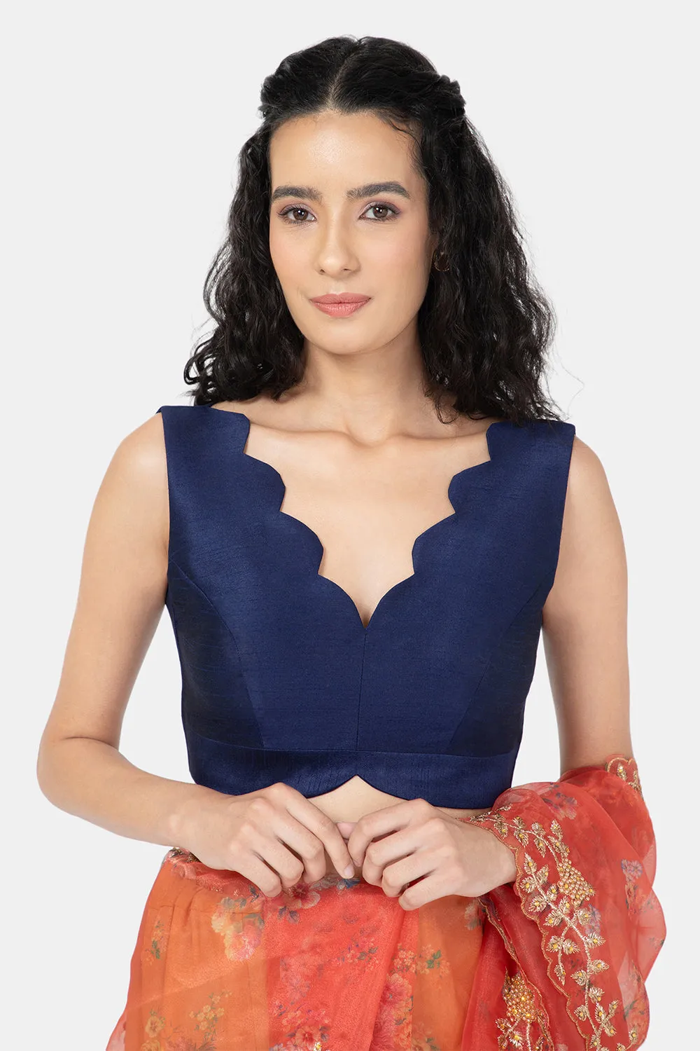 Naidu Hall Ethnic Raw Silk Saree Blouse with V- Neck Sleeveless - Navy Blue