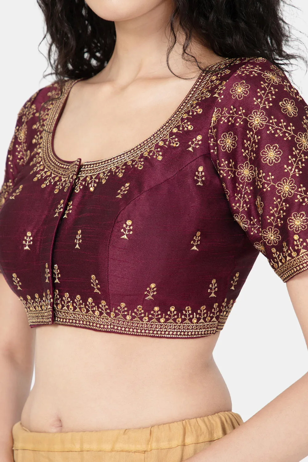 Naidu Hall Ethnic Saree Blouse with Round Neck Elbow Sleeves - Purple