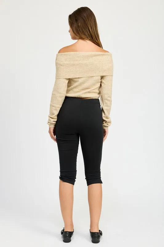 Natural Beige Off Shoulder Long Sleeve Fold Over Top