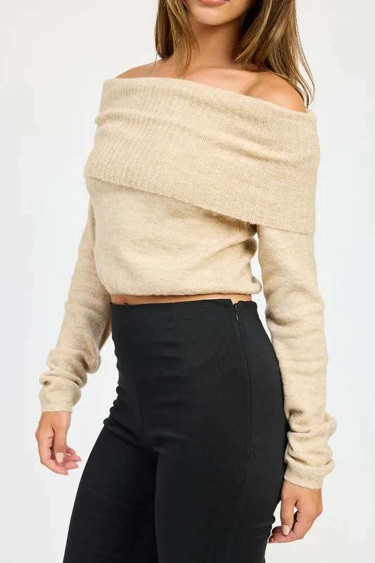 Natural Beige Off Shoulder Long Sleeve Fold Over Top