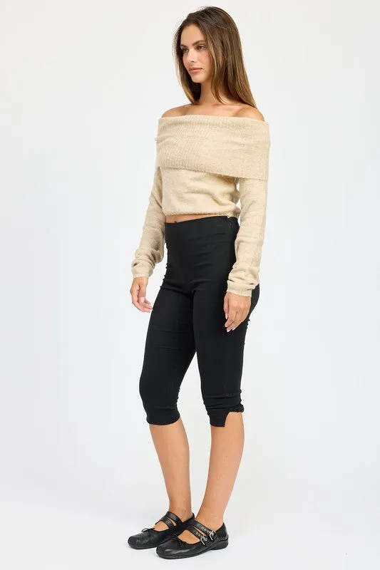 Natural Beige Off Shoulder Long Sleeve Fold Over Top