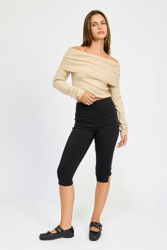 Natural Beige Off Shoulder Long Sleeve Fold Over Top