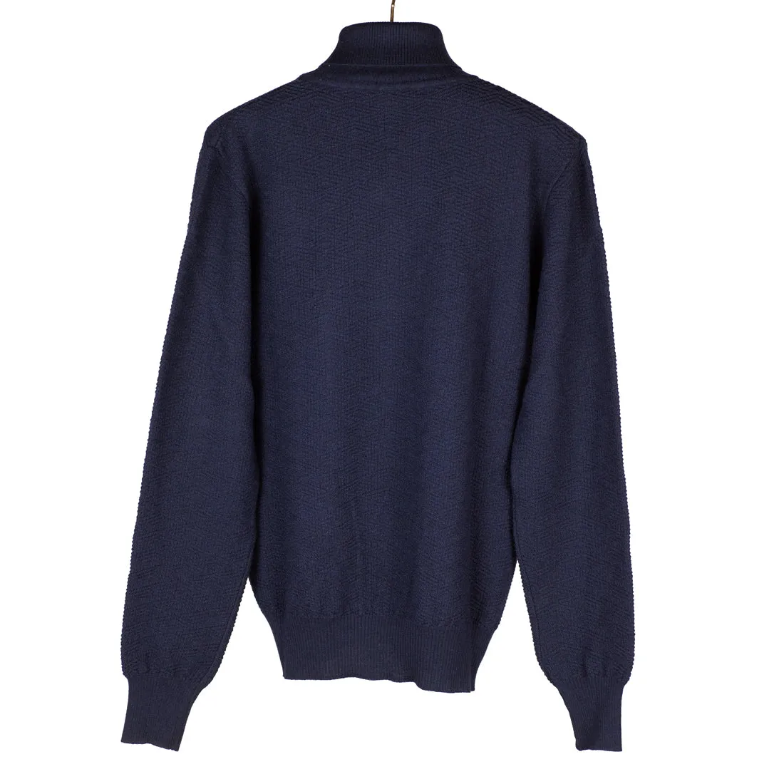 Navy rollneck extrafine merino wool sweater, diamond pattern