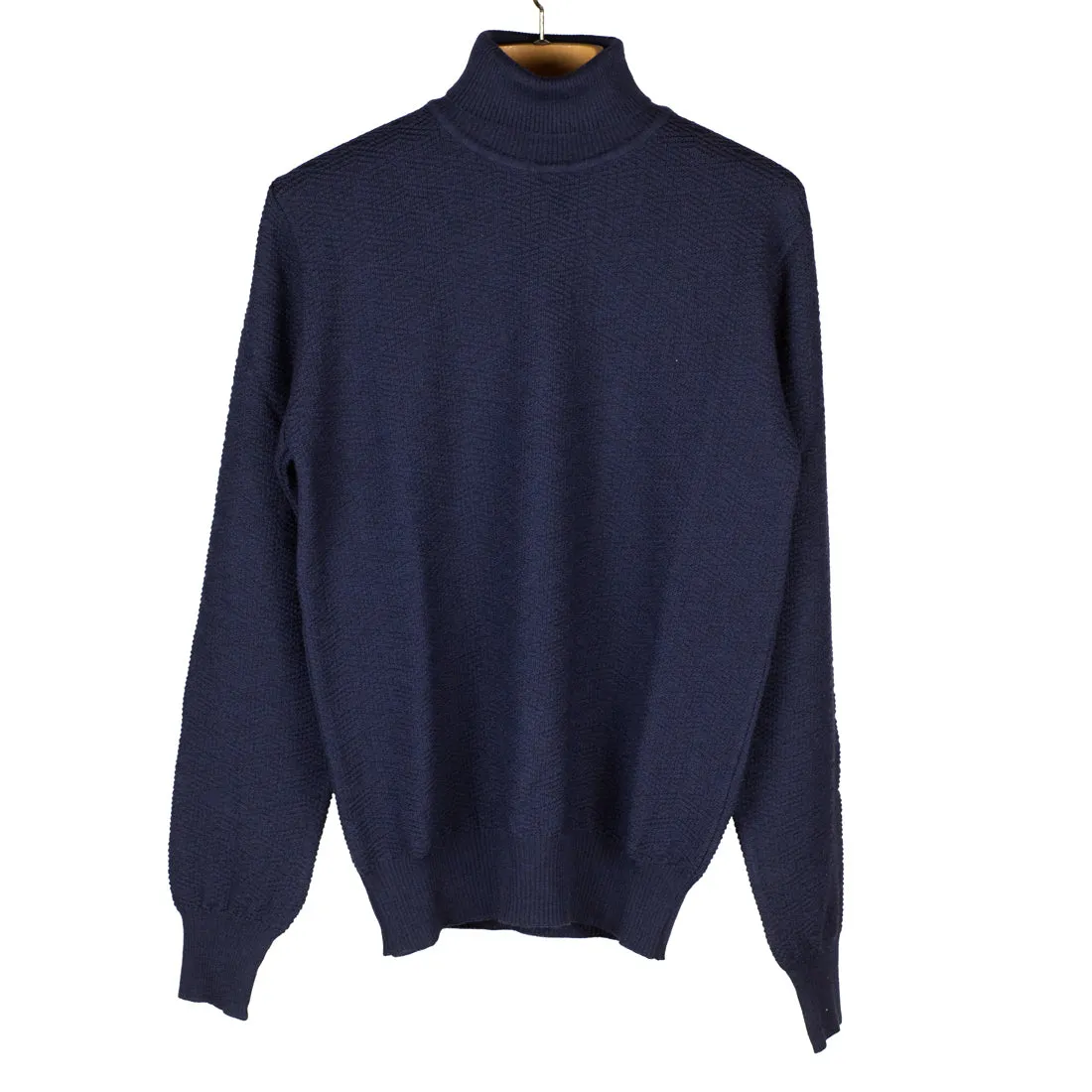 Navy rollneck extrafine merino wool sweater, diamond pattern