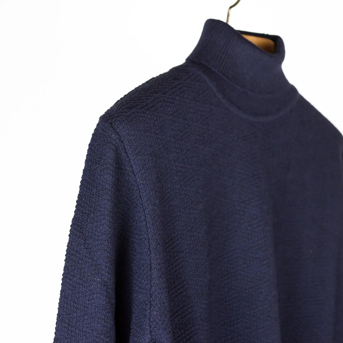 Navy rollneck extrafine merino wool sweater, diamond pattern