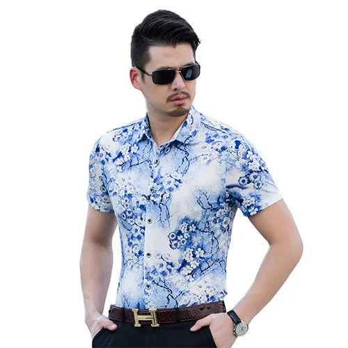 New summer men's floral shirts High quality silk cotton short sleeve shir.