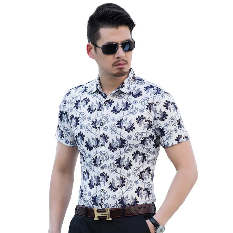 New summer men's floral shirts High quality silk cotton short sleeve shir.