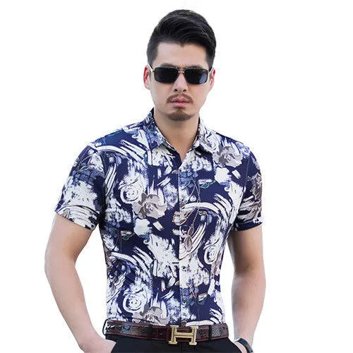 New summer men's floral shirts High quality silk cotton short sleeve shir.