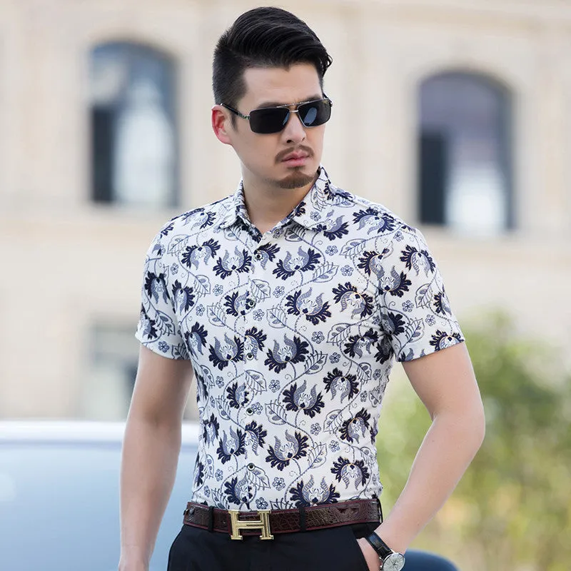 New summer men's floral shirts High quality silk cotton short sleeve shir.