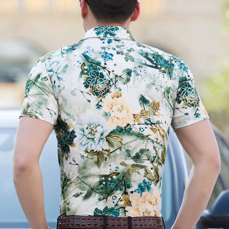 New summer men's floral shirts High quality silk cotton short sleeve shir.