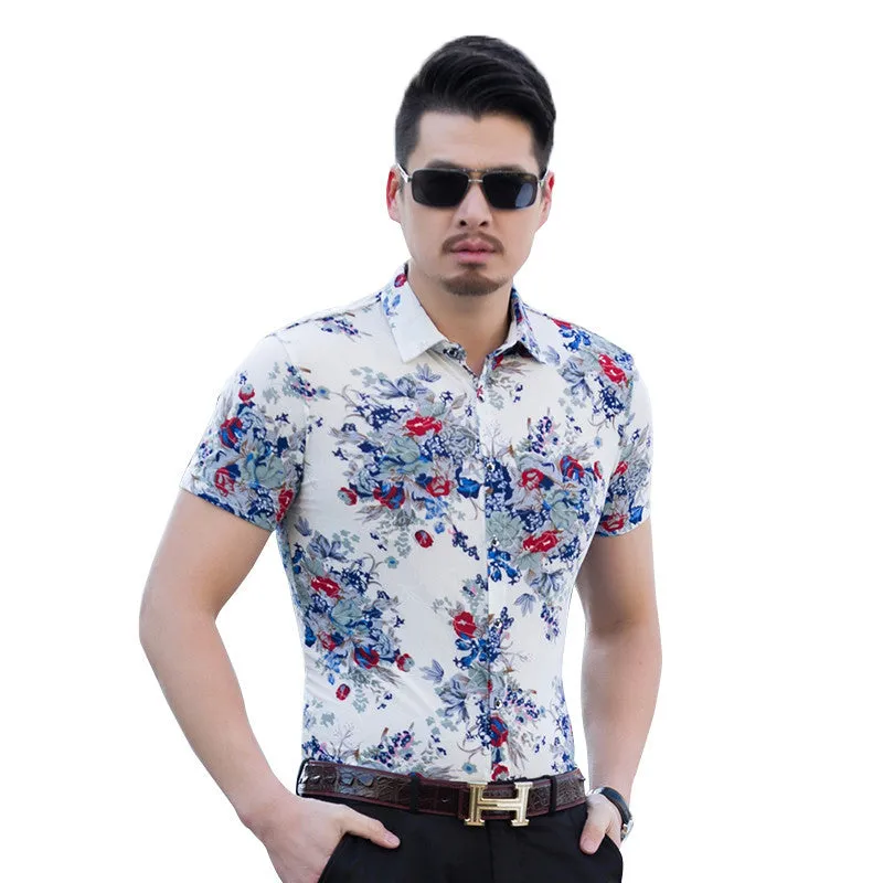 New summer men's floral shirts High quality silk cotton short sleeve shir.