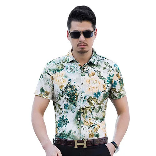 New summer men's floral shirts High quality silk cotton short sleeve shir.