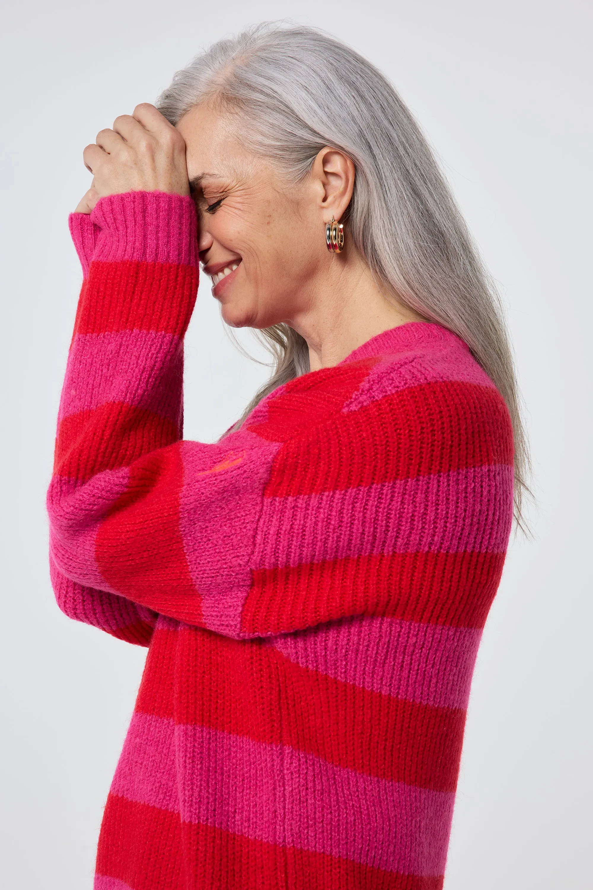 Pink and Red Stripe V Neck Knit Jumper