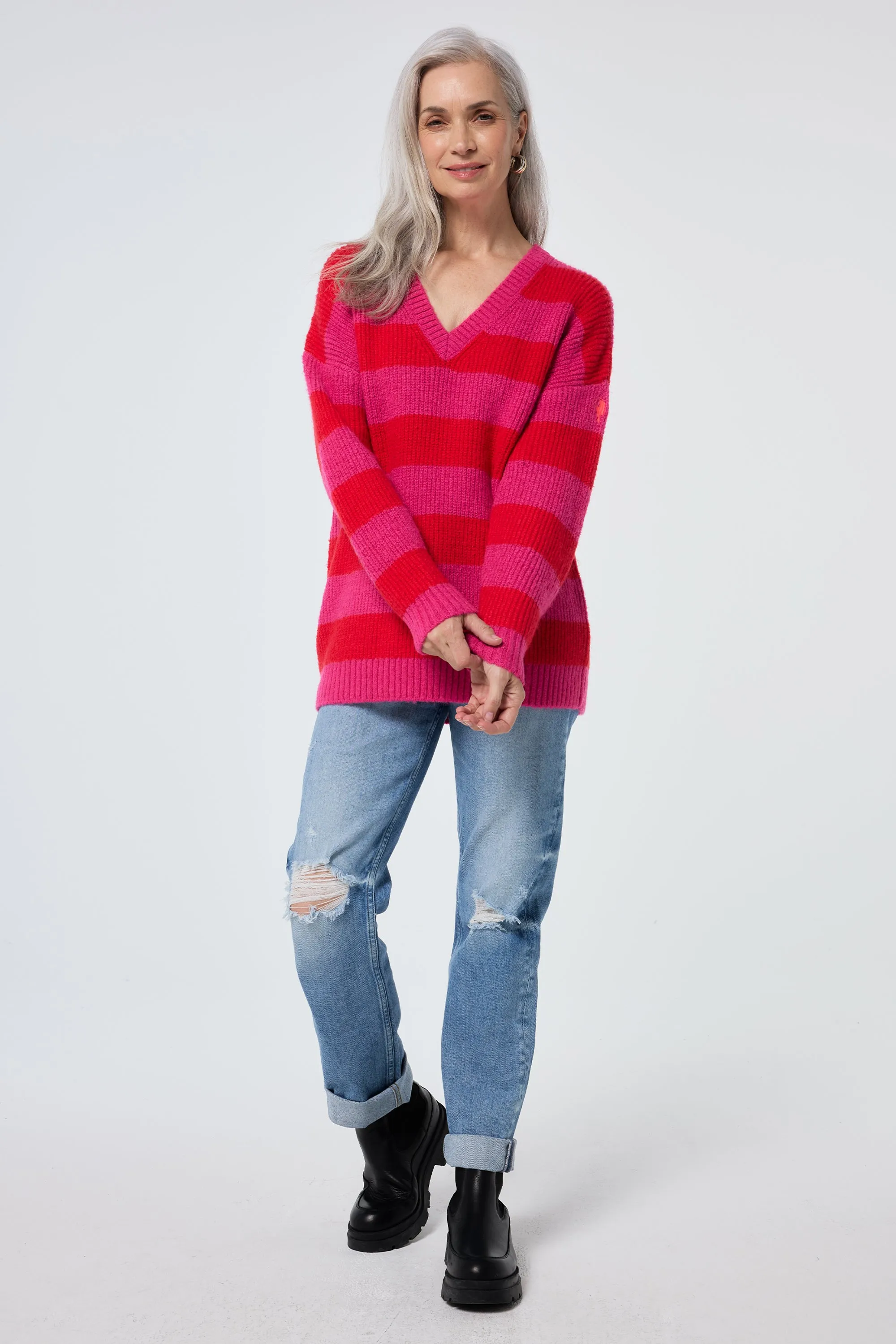 Pink and Red Stripe V Neck Knit Jumper