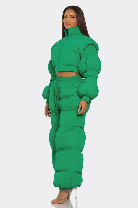 Ready or Not- Green Puffy Pant and Top Quilted Set