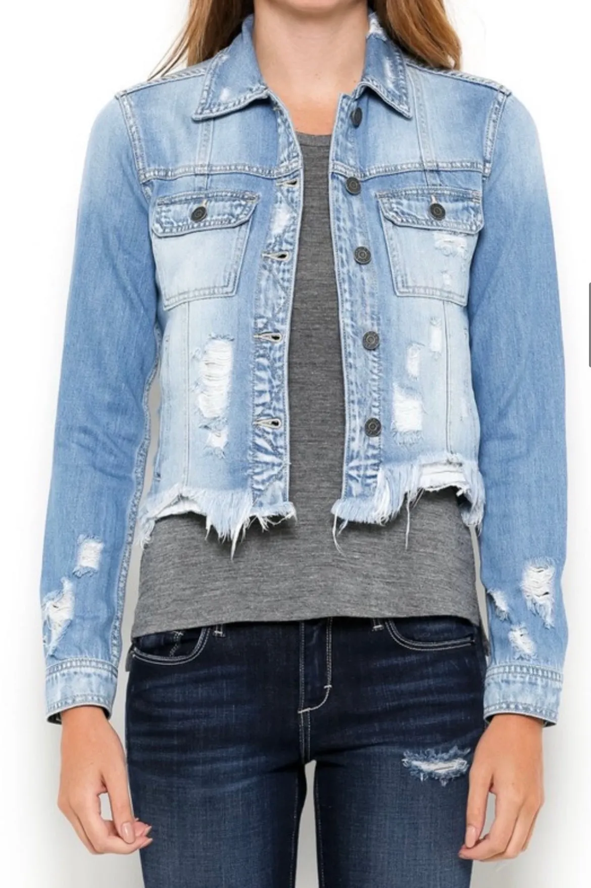 RESTOCK: Reagan Distressed Denim Jacket: Light Wash