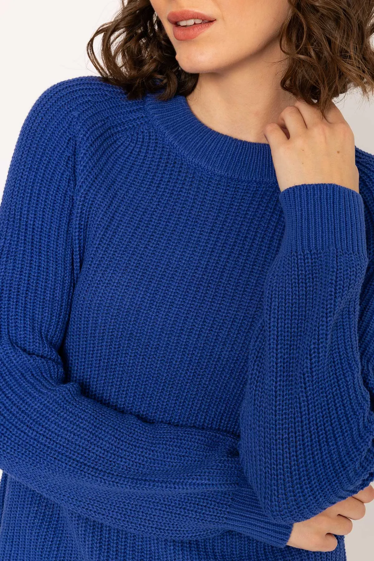 Rib High Neck Knit Jumper in Cobalt Blue