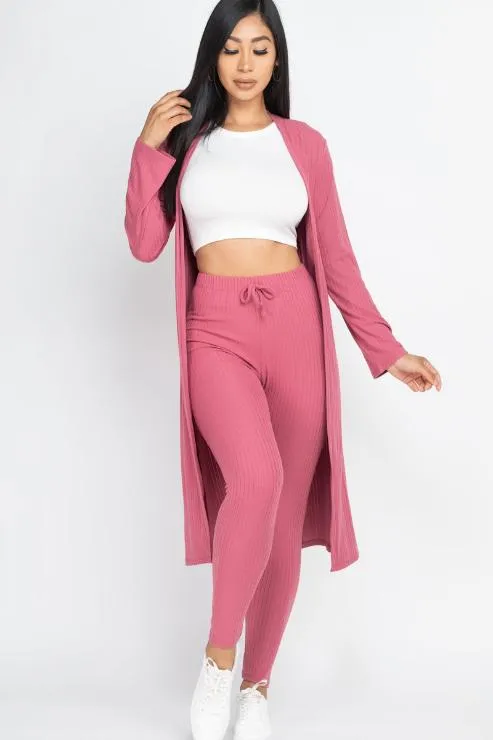 Ribbed Long Cardigan & Leggings Set