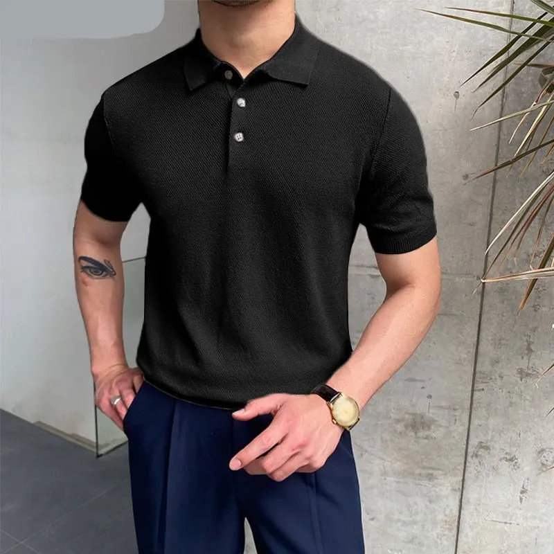 Riolio Fashion Casual Style Tops Men's Knitted Solid Shirts Streetwear Hot Sale All-match Short Sleeve Lapel Blouse S-5XL