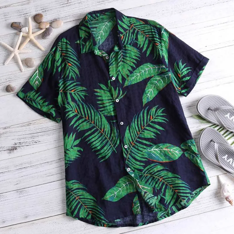 Riolio Summer Hawaiian Red Shirts Tropical Shirts Floral Men Tops Casual Shirt Short Sleeve Cotton Button Chemise Loose Vacation Beach