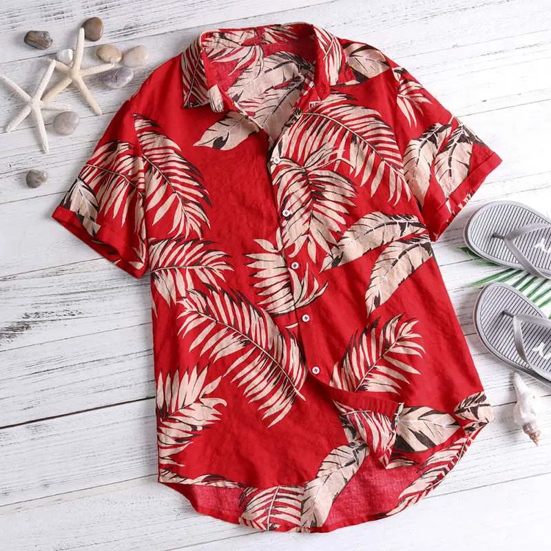 Riolio Summer Hawaiian Red Shirts Tropical Shirts Floral Men Tops Casual Shirt Short Sleeve Cotton Button Chemise Loose Vacation Beach