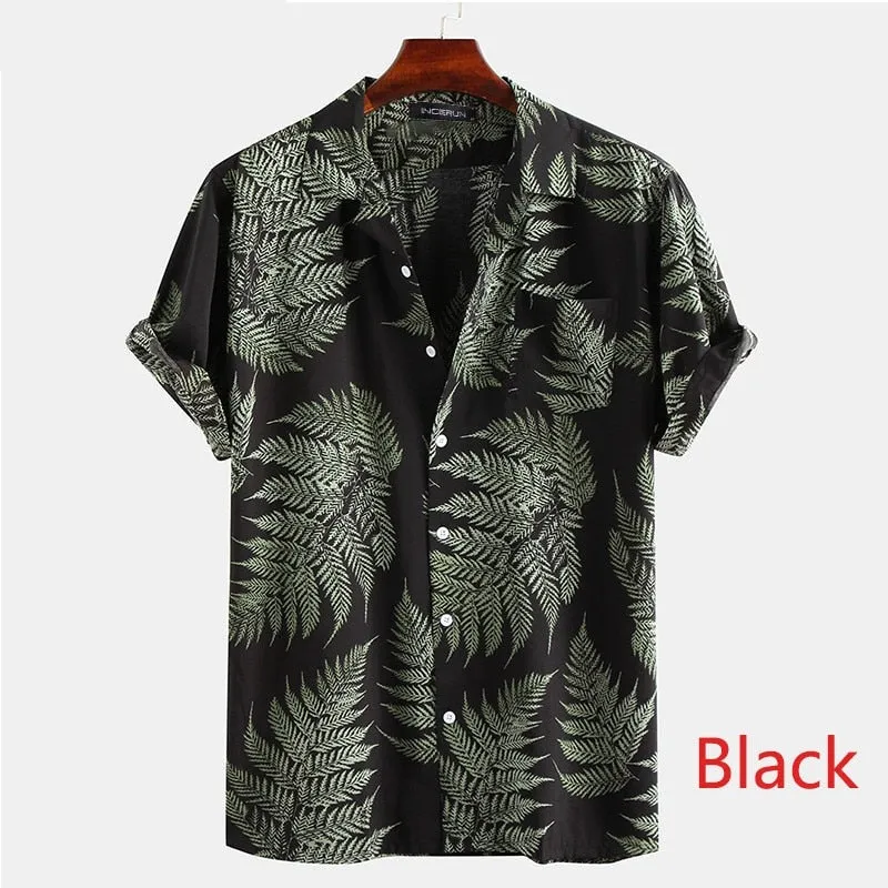 Riolio Summer Hawaiian Red Shirts Tropical Shirts Floral Men Tops Casual Shirt Short Sleeve Cotton Button Chemise Loose Vacation Beach