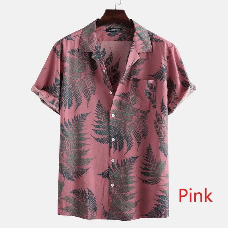 Riolio Summer Hawaiian Red Shirts Tropical Shirts Floral Men Tops Casual Shirt Short Sleeve Cotton Button Chemise Loose Vacation Beach