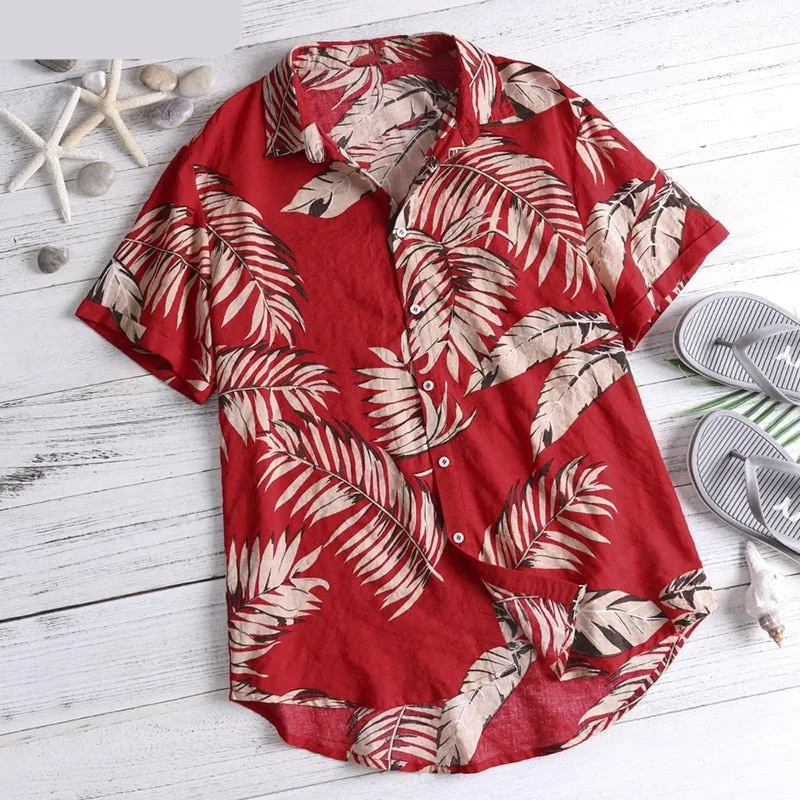 Riolio Summer Hawaiian Red Shirts Tropical Shirts Floral Men Tops Casual Shirt Short Sleeve Cotton Button Chemise Loose Vacation Beach