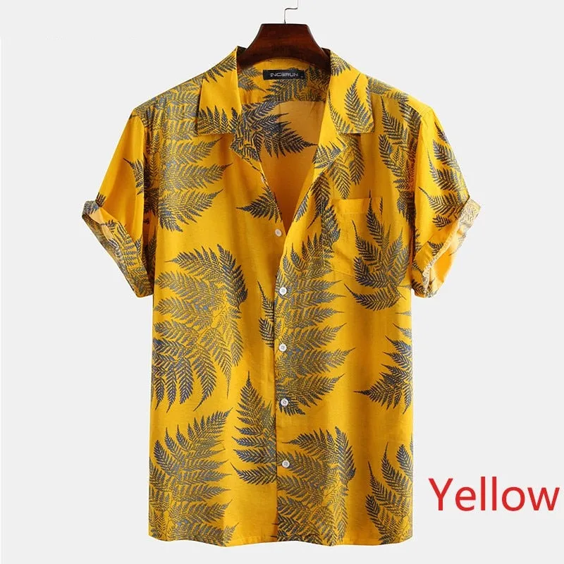 Riolio Summer Hawaiian Red Shirts Tropical Shirts Floral Men Tops Casual Shirt Short Sleeve Cotton Button Chemise Loose Vacation Beach