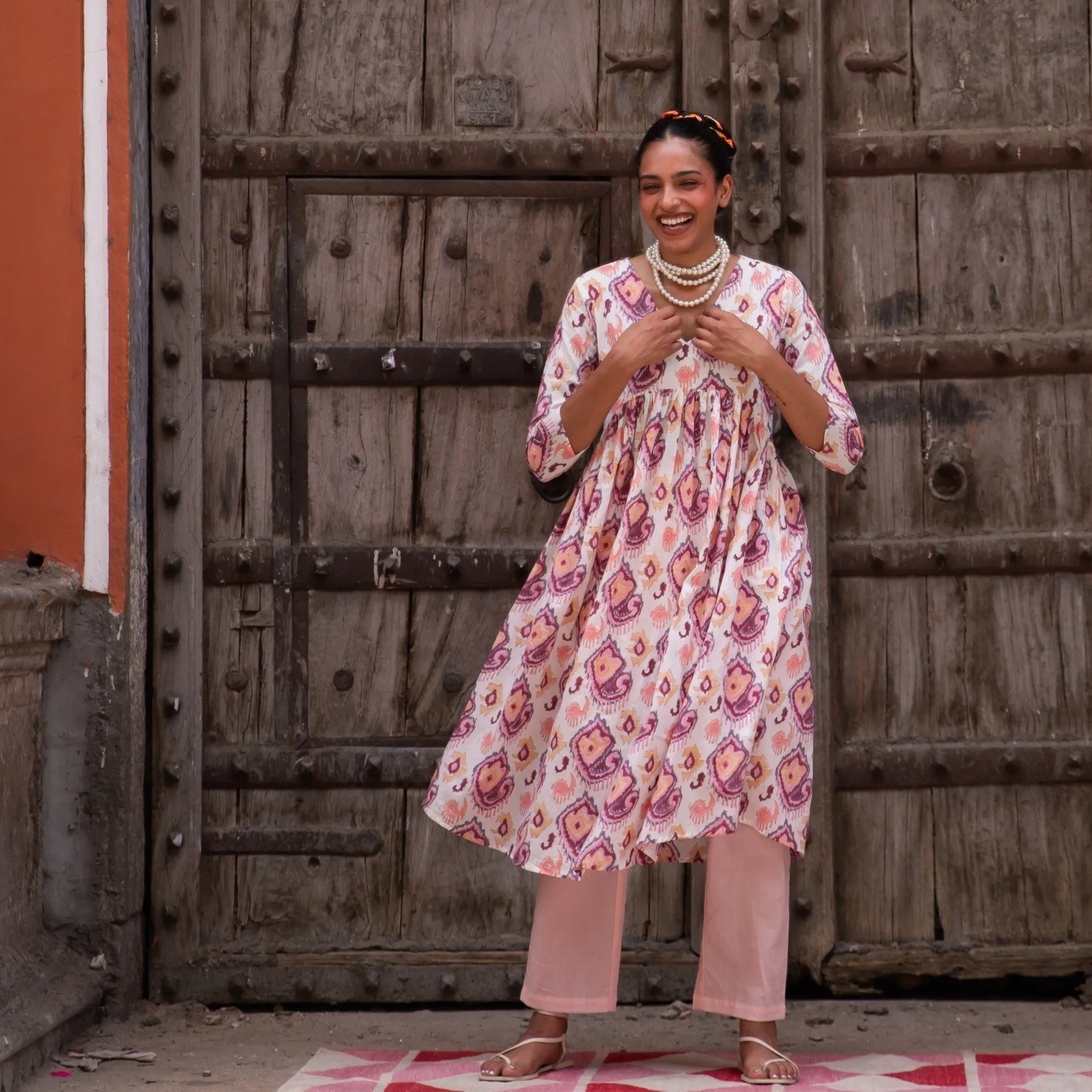 Ruhani White and Pink Ikat Blockprinted Suit Set