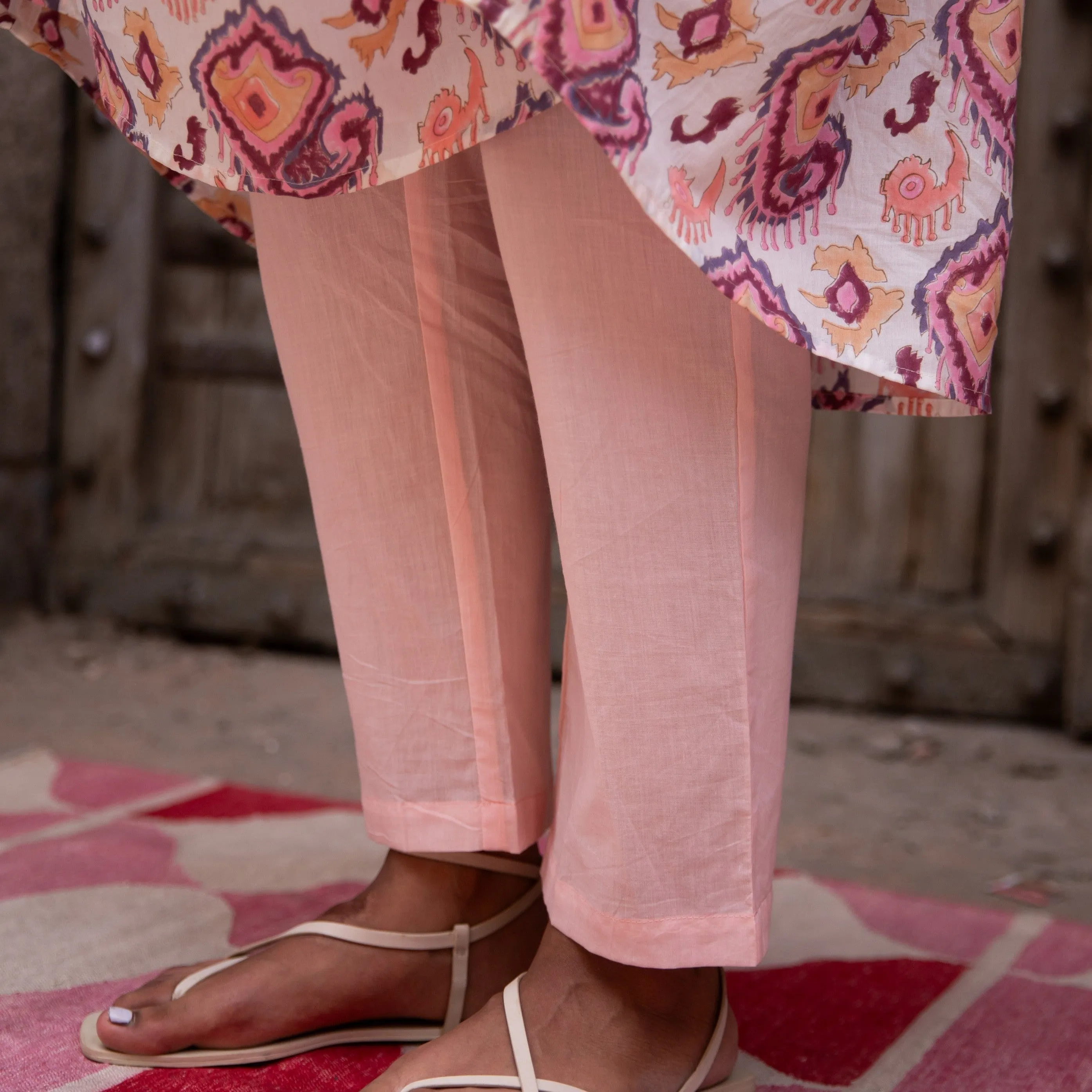 Ruhani White and Pink Ikat Blockprinted Suit Set