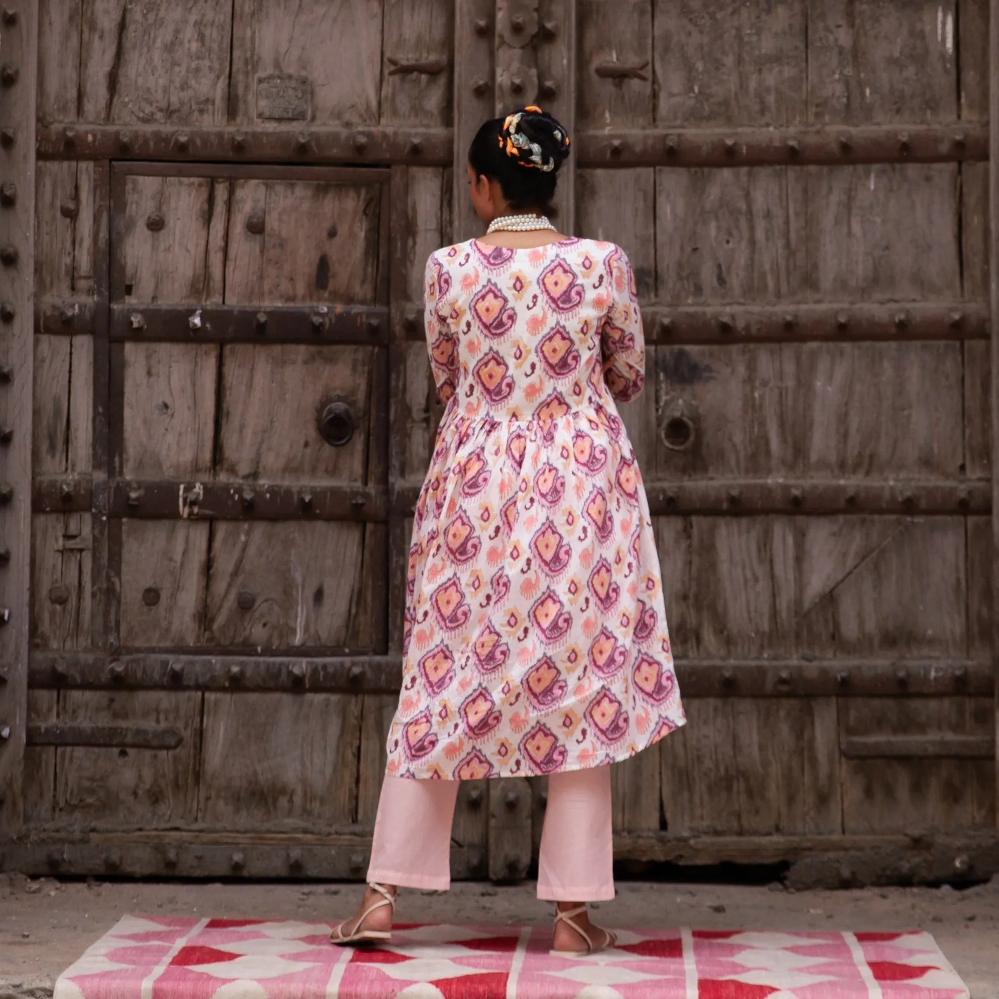 Ruhani White and Pink Ikat Blockprinted Suit Set