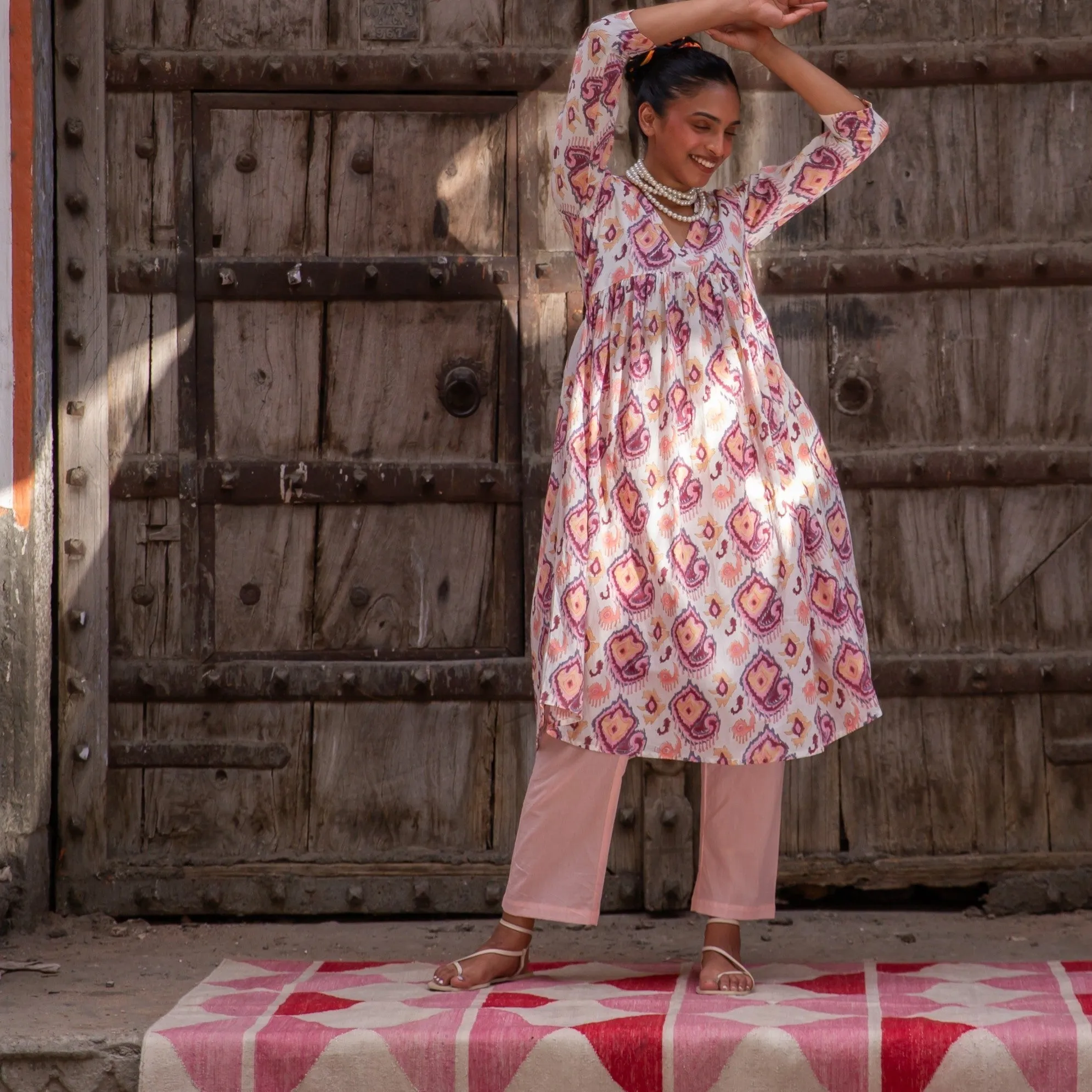 Ruhani White and Pink Ikat Blockprinted Suit Set