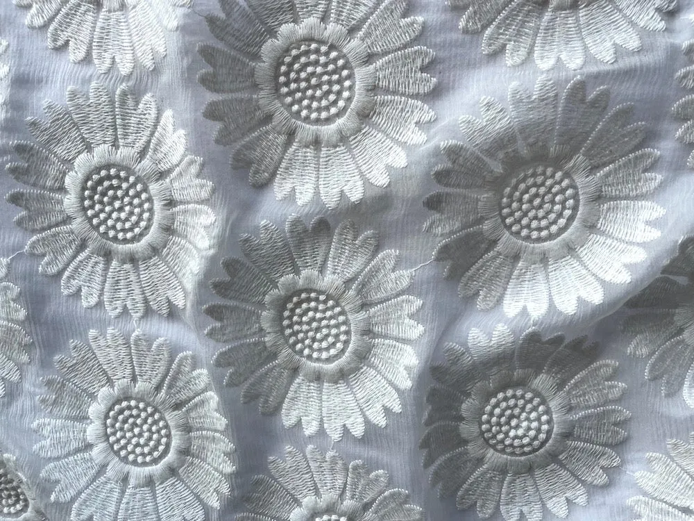 Semi-Sheer Romantic Embroidered Daisies Crinkled Silk Chiffon