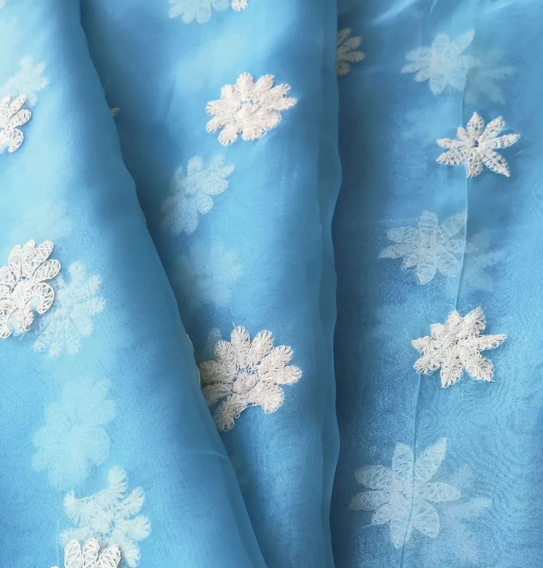 Sky Blue Floral Embroidered Organza Fabric (Wholesale)