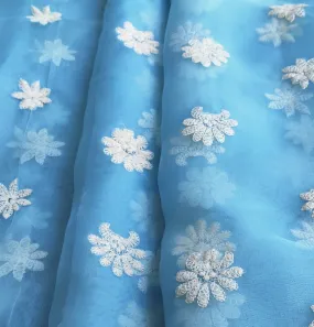 Sky Blue Floral Embroidered Organza Fabric (Wholesale)