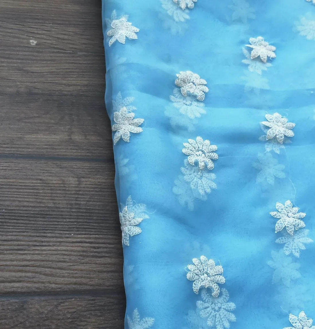 Sky Blue Floral Embroidered Organza Fabric (Wholesale)