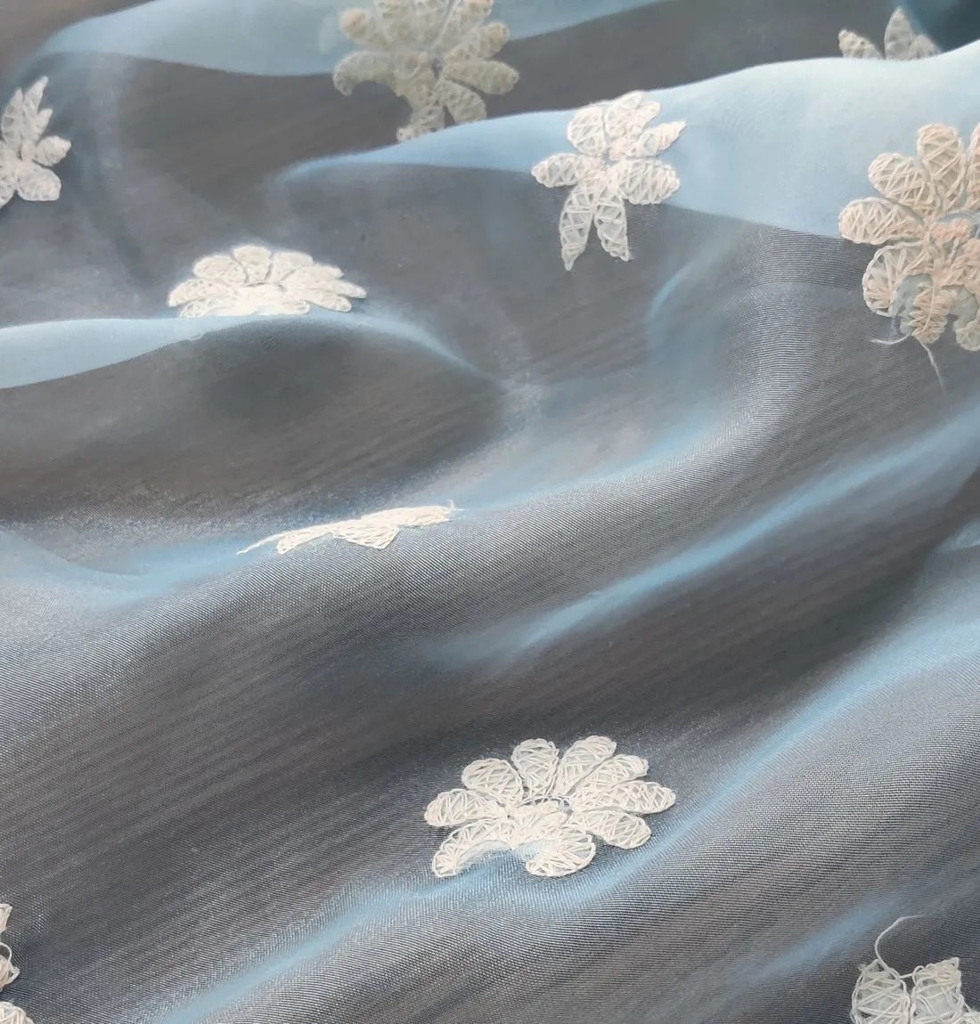 Sky Blue Floral Embroidered Organza Fabric (Wholesale)